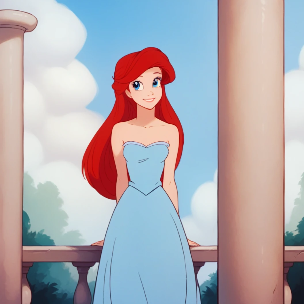 score_9, score_8_up, score_7_up, score_6_up, score_5_up, score_4_up, (rating safe), outside, standing, Ariel, human, long red hair, blue eyes, front view, strapless, a white ruffle off the shoulder dress, long dress, 1girl, solo, smile, blue skies, columns, looking at viewers
