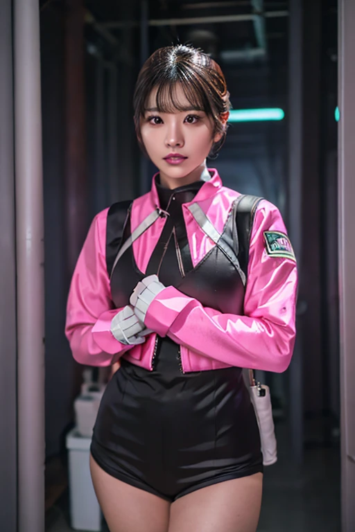 High image quality、detailed、Secret Underground Base、Dimly lit room、Three slim women、Beautiful body、Beautiful Face、Black Eyes、Black Short Hair、black and pink bodysuit、Strict Security Uniform、