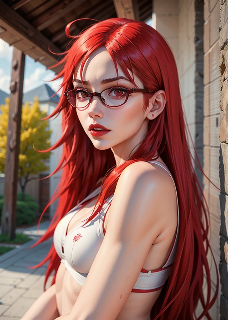 Karin Uzumaki, work of art, red lens eye, red glasses, red lipstick, white skin, long hair, Red hair.