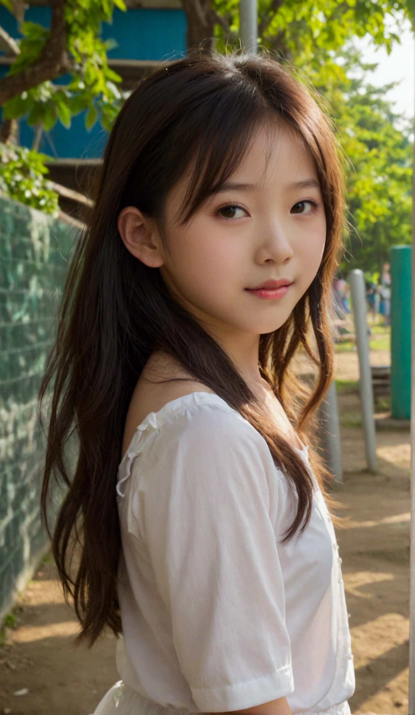 Prettiest asian girl, the cutest asian girl, sweet asian girl on the schoolyard, relaxing, age 9 with, pale skin, juveniles physique, charming adolescents girl, wear white camisole dress that show off her unique cuteness, full-body shot