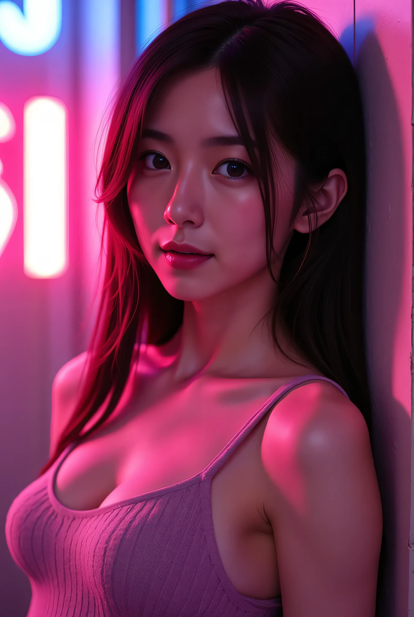 ((one girl)), female, masterpiece, best quality, redeem, cinematic lighting, (volume lighting), highly detailed CG unity 8k wallpaper, focused, 8k wallpaper, highly detailed, surreal, graphic, sharp focus, absurd, (high Resolution: 1.2), (High Contrast), Photography, Detailed and Complex, Instagram, Portrait, Highly Detailed, DIGITAL PAINTING, Art Station, Concept Art, , Sharp Concentration, Illustration, Cinematic Lighting, (Large Breasts), (((Skinny, Thin Legs ))), (Japanese Idol pose)), (knit tank top, skirt lifted up, open shoulders, clevis), looking at viewer, (()), ((medium body shot, hip level shot)), long hair, ((leaning against wall)), beautiful eyes, neon, luminous light