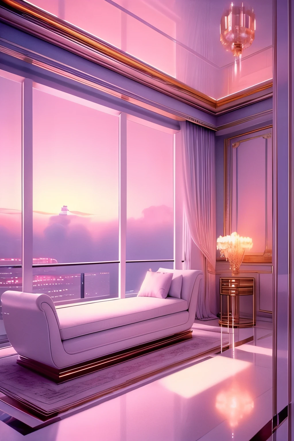 dreamy, luxurious living room with white satin furniture at twilight with a view overlooking a palm beach. gradient of purple and pink sky, enhancing the magical, serene atmosphere. 1980 retro film still, 