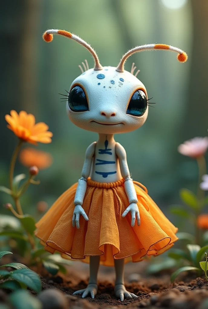 A white ant with its artificial dress ,  There are exquisite spots and stripe patterns on top, standing in the forest with flowers, leaves, and natural elements, which help create a dreamy effect. The blue and orange color