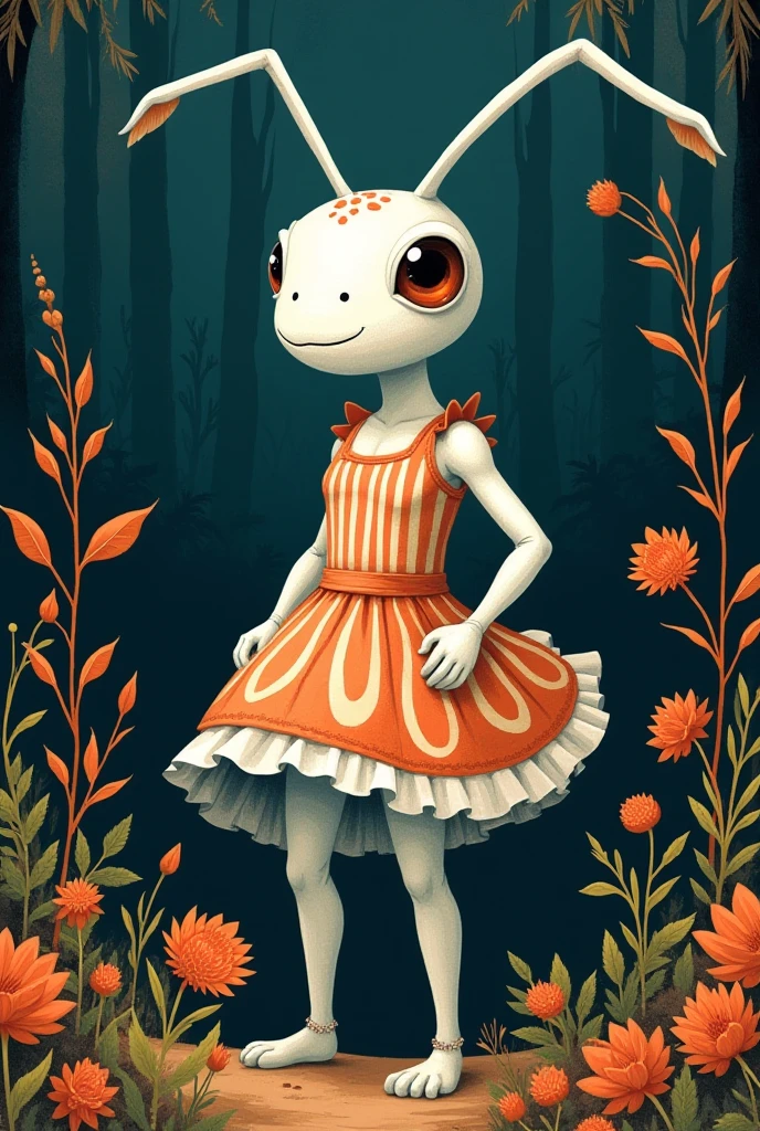 A white ant with its artificial dress ,  There are exquisite spots and stripe patterns on top, standing in the forest with flowers, leaves, and natural elements, which help create a dreamy effect. The blue and orange color,Blend earthy tones and deep reds. The combination of texture and pattern creates a sense of depth.. Dynamic posture, Take inspiration from surrealism and modern graphic design. 