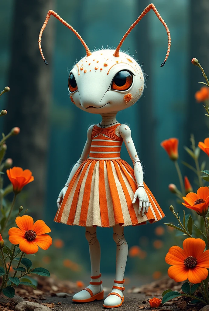 A white ant with its artificial dress ,  There are exquisite spots and stripe patterns on top, standing in the forest with flowers, leaves, and natural elements, which help create a dreamy effect. The blue and orange color,Blend earthy tones and deep reds. The combination of texture and pattern creates a sense of depth.. Dynamic posture, Take inspiration from surrealism and modern graphic design. 