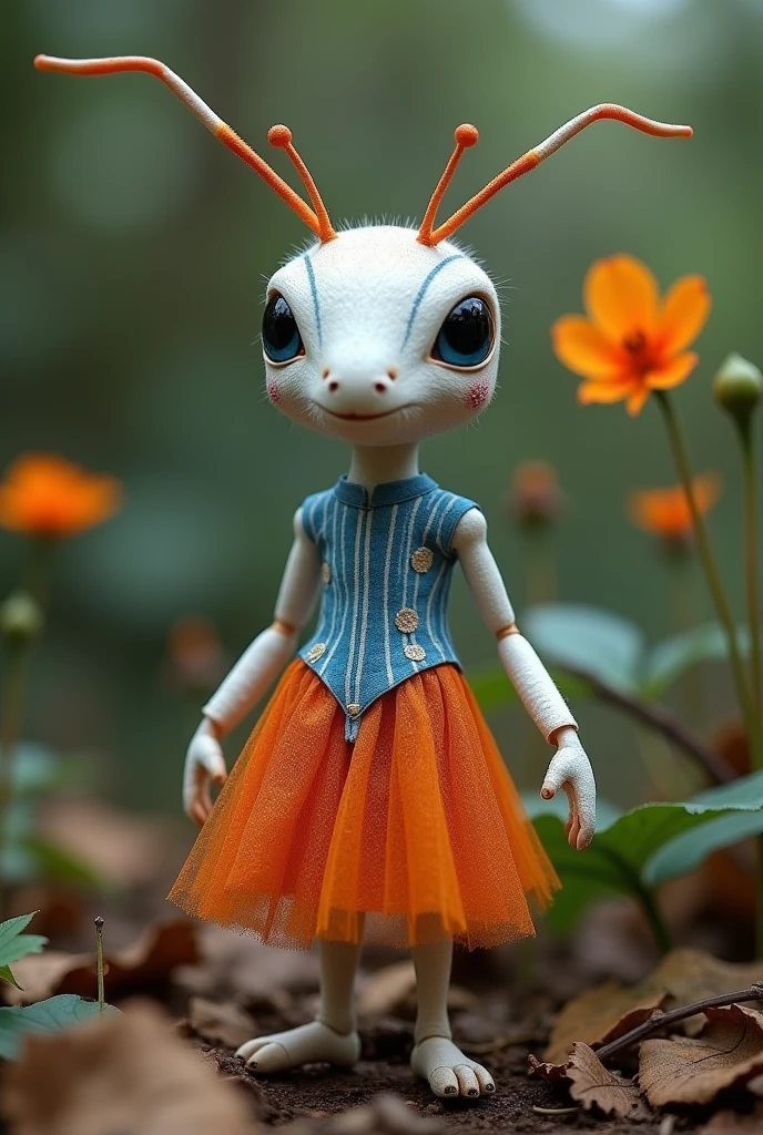 A white ant with its artificial dress ,  There are exquisite spots and stripe patterns on top, standing in the forest with flowers, leaves, and natural elements, which help create a dreamy effect. The blue and orange color,Blend earthy tones and deep reds. Dynamic posture, 