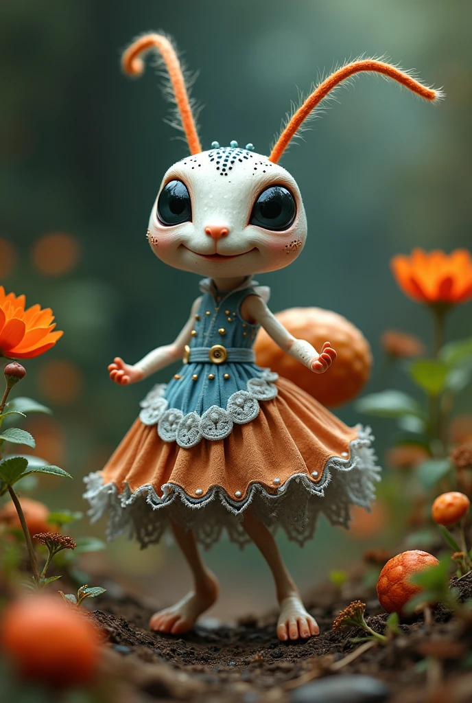 A white ant with its artificial dress ,  There are exquisite spots and stripe patterns on top, standing in the forest with flowers, leaves, and natural elements, which help create a dreamy effect. The blue and orange color,Blend earthy tones and deep reds. Dynamic posture, 