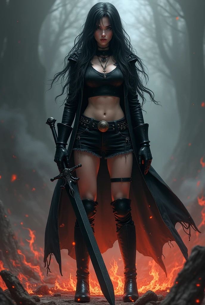 (high resolution, 8k, photorealistic, hyper detailed, masterpiece, exquisite, vivid colors, perfect composition, intricate details,Best Quality, 8K, Masterpiece: 1.2, Photorealistic: 1.37, HDR, UHD). a very shy magical beautiful girl with long dark black hair, piercing blue eyes. Dressed as an erotic ninja in miniskirt, wielding a magic sword, scary diabolical world, (EXTREMELY HUGE BREASTS), wide neckline, image of a full-body woman..Description of extreme details, vivid and intense colors, vibrant colors, bright eye