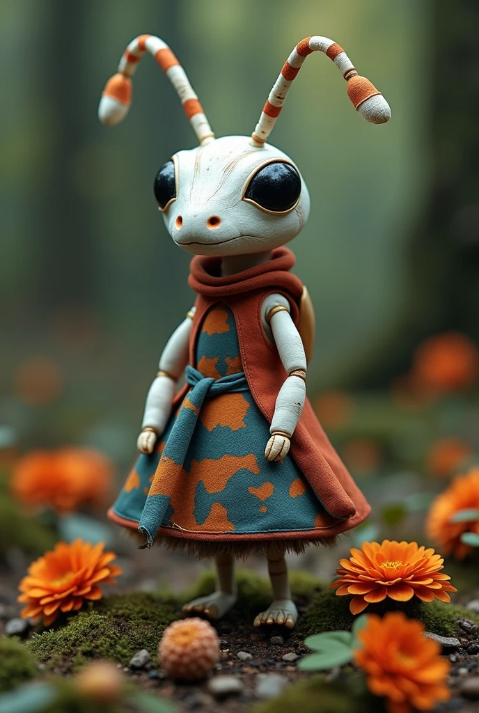 A white ant with its artificial dress ,  There are exquisite spots and stripe patterns on top, standing in the forest with flowers, leaves, and natural elements, which help create a dreamy effect. The blue and orange color,Fusion of earthy tones and deep red The combination of texture and pattern creates a multidimensional appearance Dynamic posture,