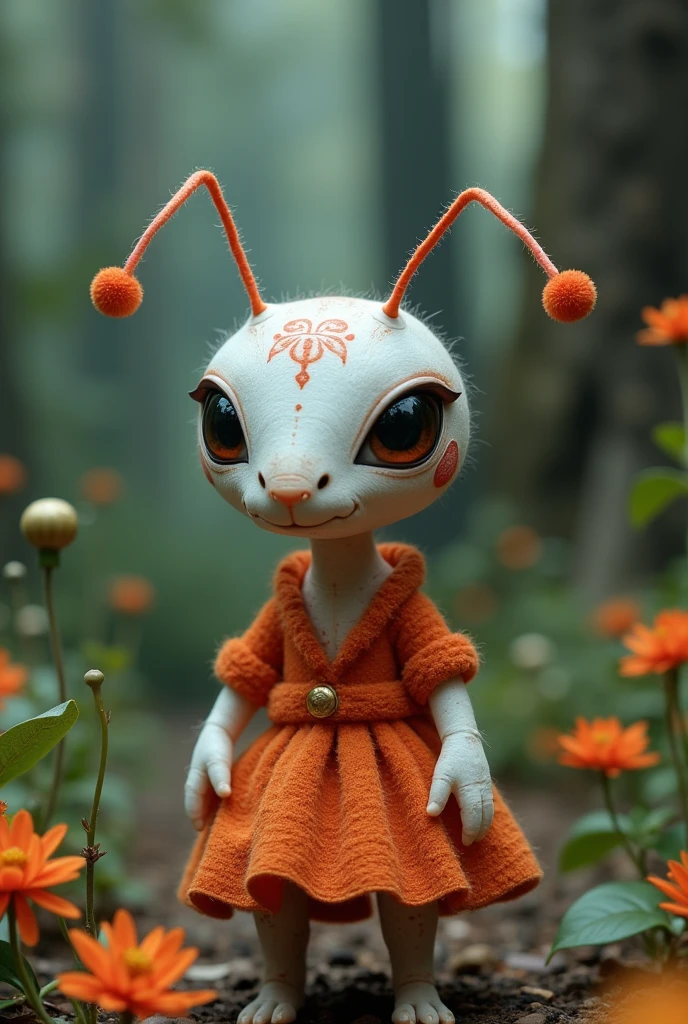 A white ant with its artificial dress ,  There are exquisite spots and stripe patterns on top, standing in the forest with flowers, leaves, and natural elements, which help create a dreamy effect. The blue and orange color,Fusion of earthy tones and deep red The combination of texture and pattern creates a multidimensional appearance Dynamic posture,