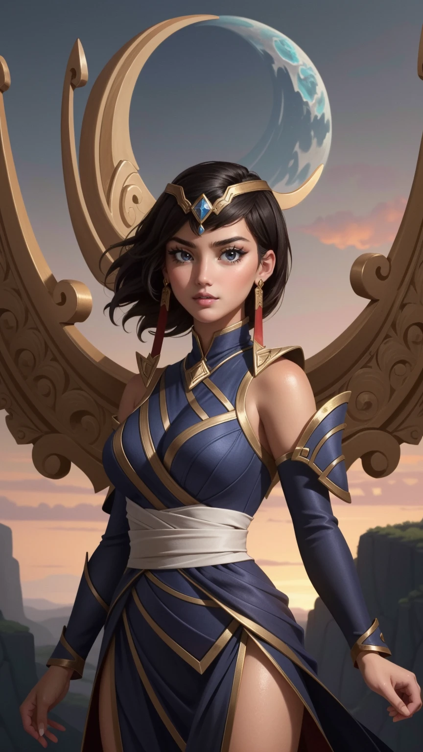 (masterpiece, best quality),  intricate details,
1girl,    karma \(league of legends\), 1girl, dress, jewelry, dark-skinned female, makeup, short hair, detached sleeves, tiara,