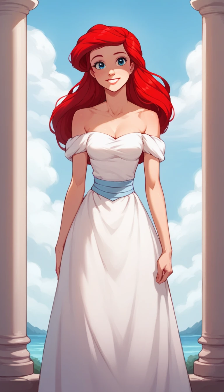 score_9, score_8_up, score_7_up, score_6_up, score_5_up, score_4_up, (rating safe), outside, standing, Ariel, human, long red hair, blue eyes, front view, strapless, a white ruffle off the shoulder dress, long dress, 1girl, solo, smile, blue skies, columns, looking at viewers