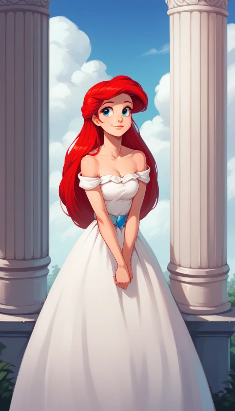 score_9, score_8_up, score_7_up, score_6_up, score_5_up, score_4_up, (rating safe), outside, standing, Ariel, human, long red hair, blue eyes, front view, strapless, a white ruffle off the shoulder dress, long dress, 1girl, solo, smile, blue skies, columns, looking at viewers