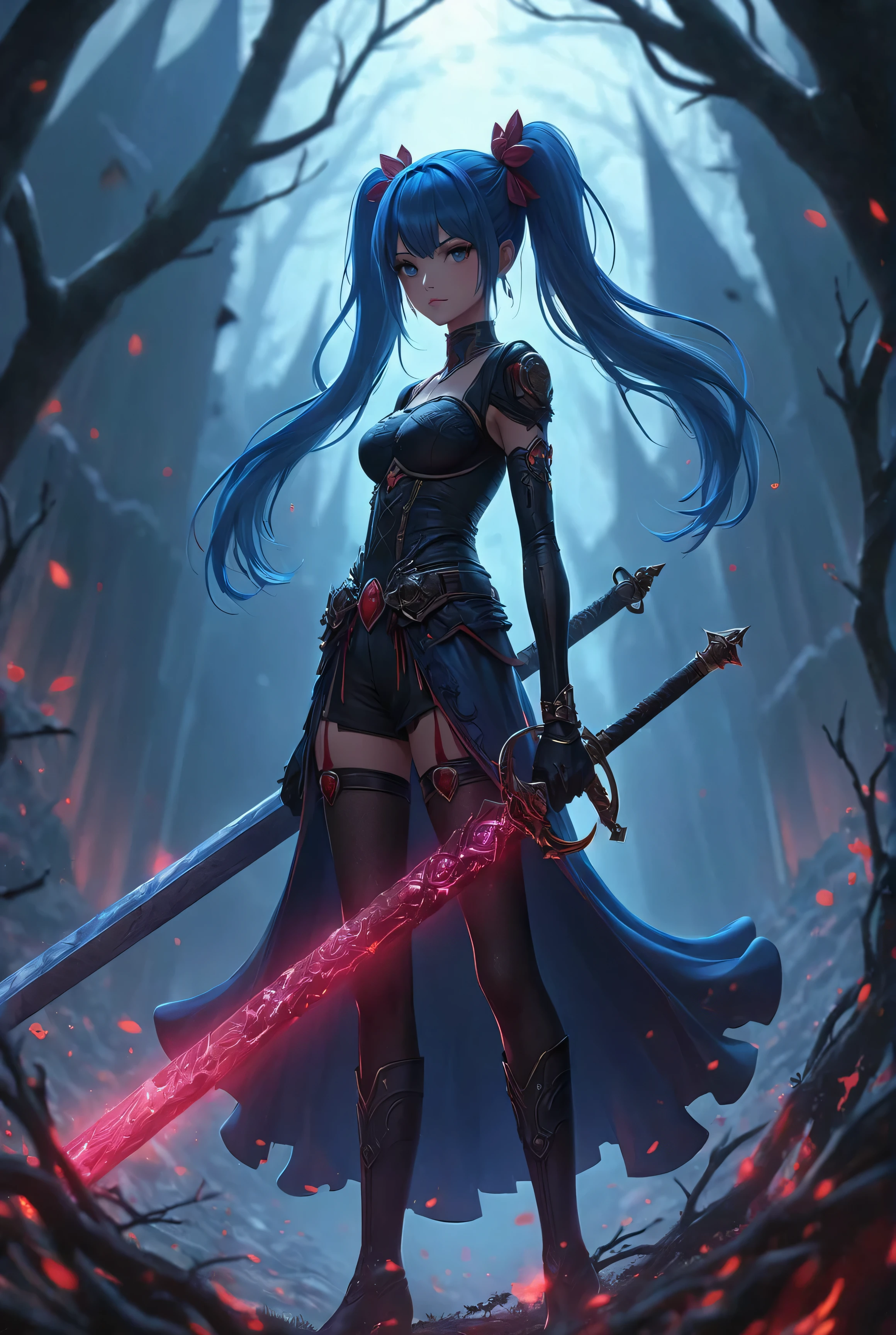 Anime girl with blue hair and sword in a dark forest, Highly detailed art garm, 2. 5 d cgi Anime fantasy artwork, Style Art Germ, Anime fantasy artwork, Anime Epic Artwork, Alena Aenami and Artgerm, Art James' Style, anime art wallpaper 4k, anime art wallpaper 4k, Art Garm and Lost Draws
