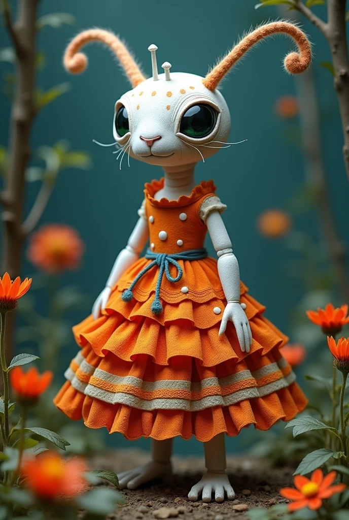 A white ant with its artificial dress ,  There are exquisite spots and stripe patterns on top, standing in the forest with flowers, leaves, and natural elements, which help create a dreamy effect. The blue and orange color,Fusion of earthy tones and deep red The combination of texture and pattern creates a multidimensional appearance Dynamic posture,Take inspiration from surrealism and modern graphic design. 