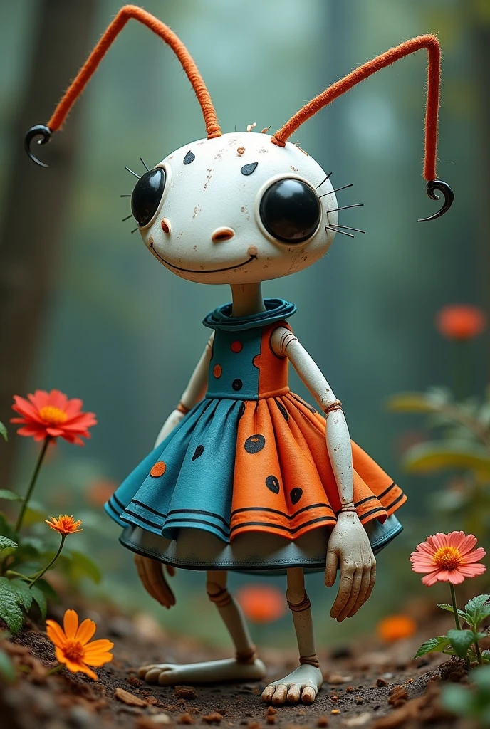 A white ant with its artificial dress ,  There are exquisite spots and stripe patterns on top, standing in the forest with flowers, leaves, and natural elements, which help create a dreamy effect. The blue and orange color,Fusion of earthy tones and deep red The combination of texture and pattern creates a multidimensional appearance Dynamic posture,Take inspiration from surrealism and modern graphic design. 