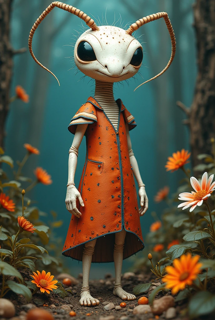 A white ant with its artificial dress ,  There are exquisite spots and stripe patterns on top, standing in the forest with flowers, leaves, and natural elements, which help create a dreamy effect. The blue and orange color,Fusion of earthy tones and deep red The combination of texture and pattern creates a multidimensional appearance Dynamic posture,Take inspiration from surrealism and modern graphic design. 