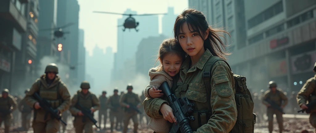 Photo-realistic, ultra-realistic, (very beautiful Japanese, famous Japanese idol:1.3), (Fully equipped for battle:1.5), m4a1 large assault rifle on her back, (amazing view of massive explosion:1), (painful impressions, crying:1.3), (wearing an army soldier's Camouflage outfits with military helmet:1.5), (at a battle field of Abandoned Building at night), very large breasts, (tactical vest, military harness:1.3), (military long boots:1), dynamic angle, spectacular, (injured, lying on a stretcher:1.3), (muddied, damaged wears, damaged body:1.3), (She is holding a cute child and running to escape:1.4)