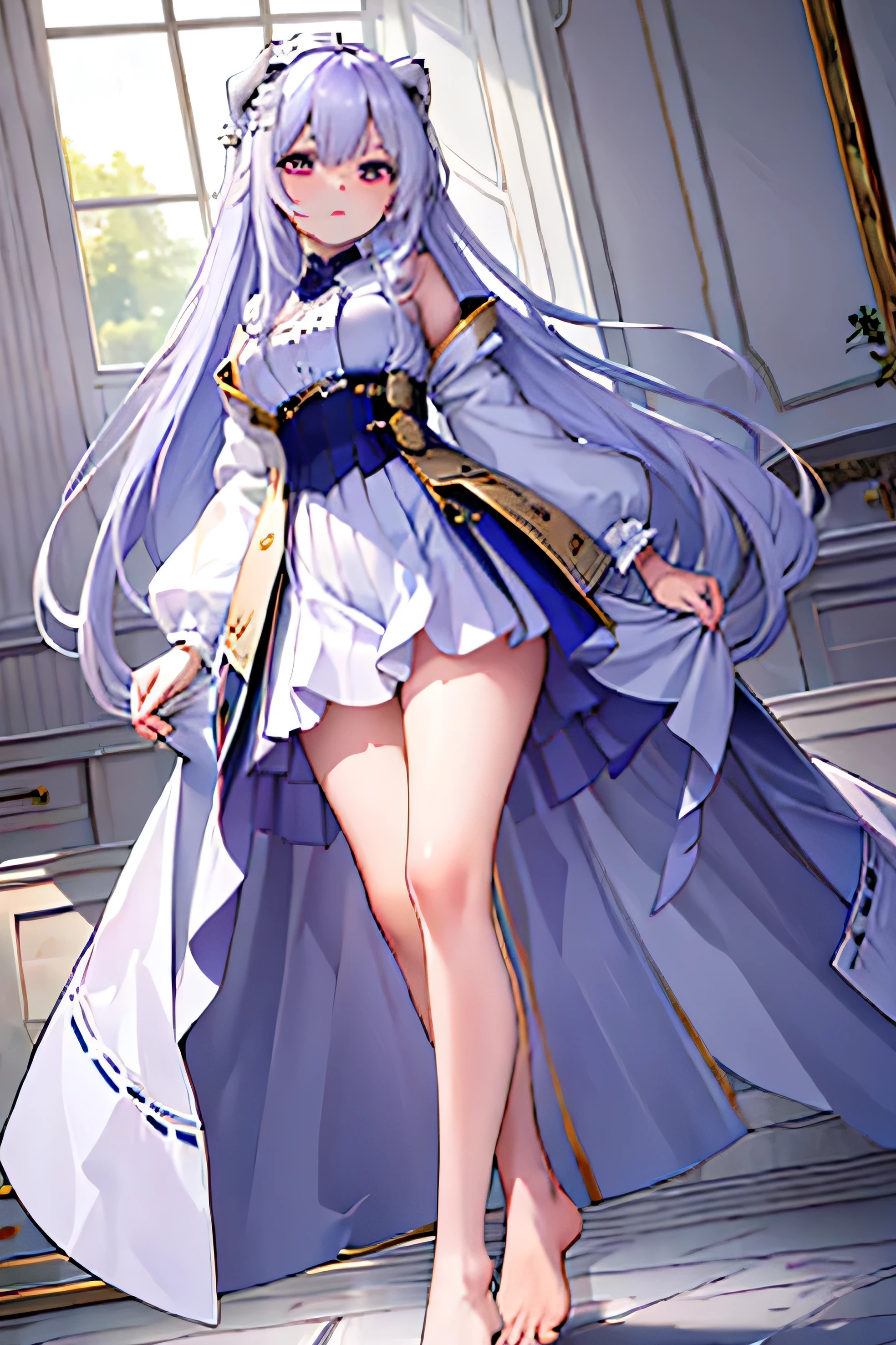 (masterpiece,best quality,ultra-detailed), an 18-years old aloof and expressionless ojou-sama. She has ice white hime-cut style long hair, royal purple aloof upturned eyes, white lioness ears and tail, wearing white business coat and knife-shaped pleated skirt, standing in aloof pose, one leg lift up, feet focus, sole, toes, without expression looking at the viewer