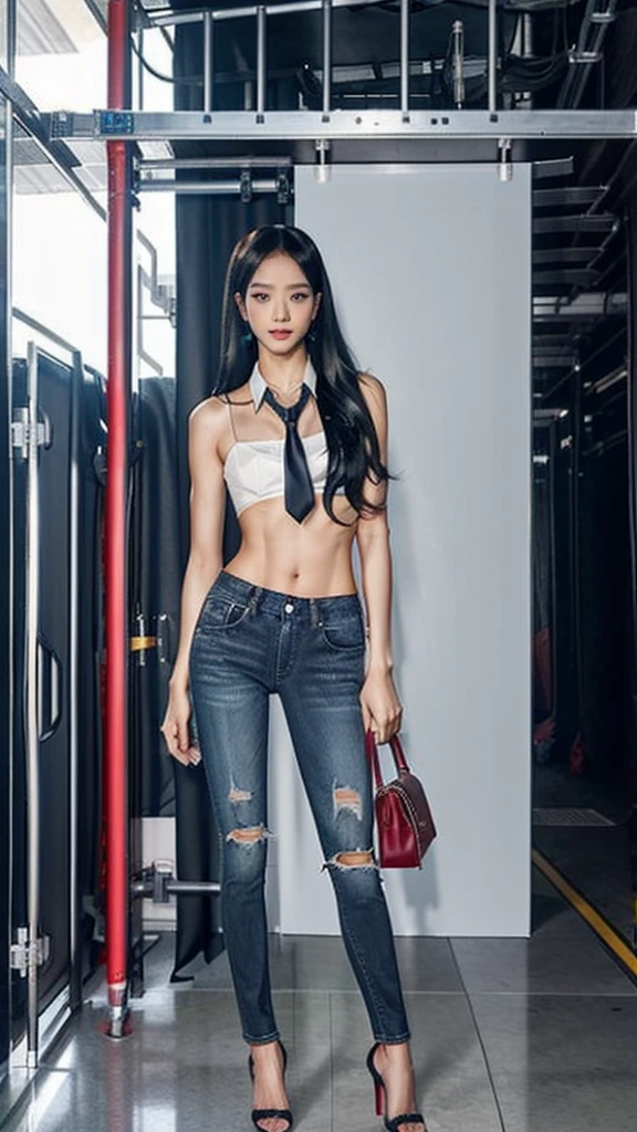 Acurate, Full Body Photo. 1 Jisoo from Blackpink、Black hair、black eyes、Semi-long、setting hair、Slender but well-proportioned muscular body、a smile、wearing a tie-front shirt、Abs are cracked、The navel is visible、Wearing high heels、wearing very tight sky blue skinny jeans.、Breasts are big、Full Body from Head to Toe、Standing in a full height from head to the tip of the toe.

The picture must capture from head to toe