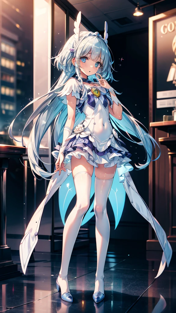 (full body),(Highly detailed CG), (最High image quality), 1 girl, 完璧なface,  Cure Beauty，Shiny skin, Glowing skin, Wide Hips,Narrow waist, ((Cure Beauty)),bangs,blue eyes,Sweaty，skirt，Leotard Peep，thighhighs， ((day:1.5)),indoor, ((Highly detailed background)), Cowboy Shot,1 girl, Alone,beautiful Finger,beautiful long legs,beautiful body,(Mature Woman:1.3),Compensate,Open lips,(Shiny skin:1.3),(Gorgeous, dense skin),(Thin Hair), masterpiece, High image quality, High resolution, Confused,(beautiful and aesthetic:1.2), beautiful hand, (4K), 8k, Perfect balance,(extremely detailed CG unity 8k wallpaper), Perfect hands, Embarrassing, , Light_trace,Intricate details,Written boundary depth, extremely delicate and beautiful,Professional photography, Bokeh, High resolution, Sharp details, 最High image quality, (beautiful,Chest), (beautiful_face), (Narrow waist), Bent, Thick thighs,Elbow Bag,1 girl, Long Hair, 