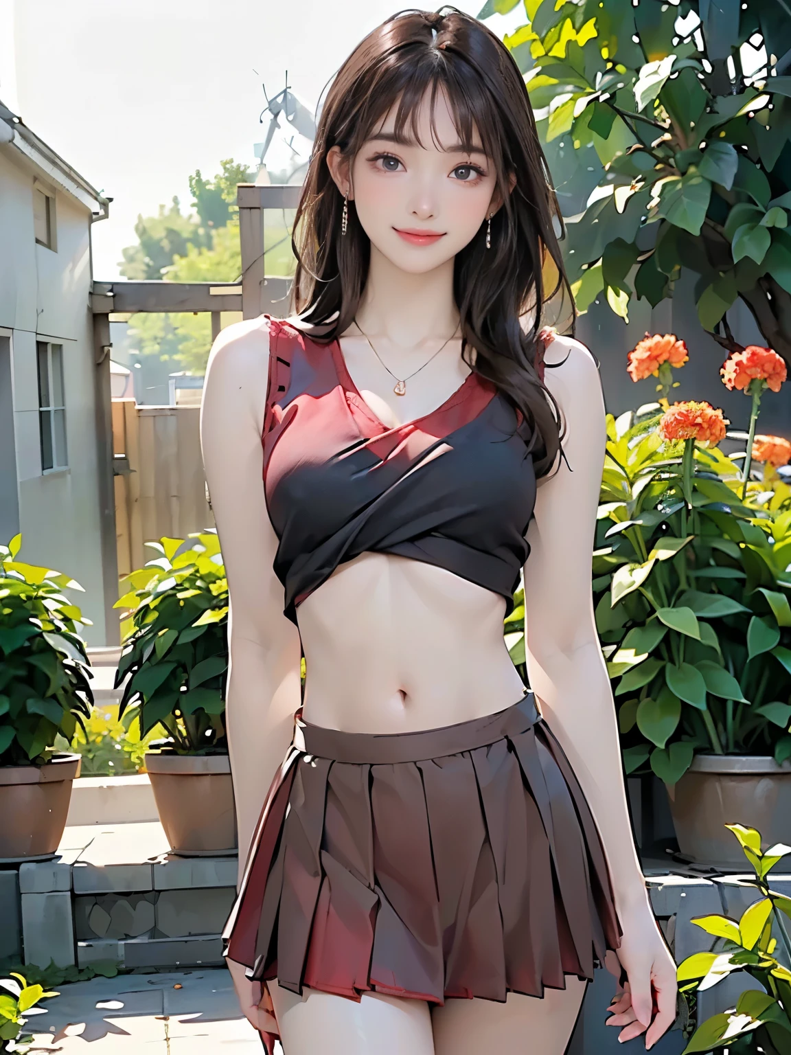 ((Borei Reimu)), ((Touhou Project)), Cosplay, ((Brown hair)), ((Long hair)), (Bangs)), ((Red Ribbon)))), ((Red Skirt))), (Middle Breast), (Open Clothes)))), (Sleeveless))), ((Navel)), (Pause)))), (Devil's Smile)))), (Shrine))), 18-year-old female model, Slim girl model, ((Broom)))
