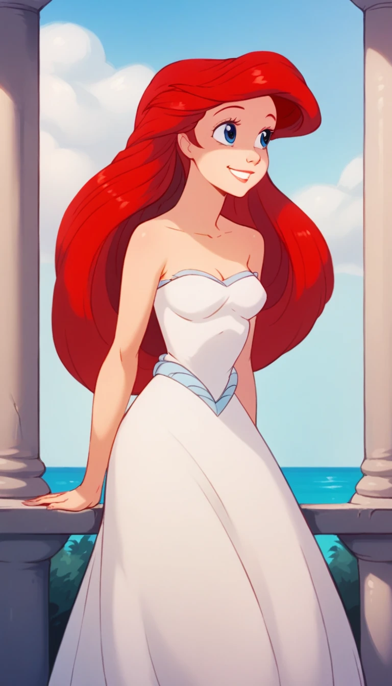 score_9, score_8_up, score_7_up, score_6_up, score_5_up, score_4_up, (rating safe), outside, standing, Ariel, human, long red hair, blue eyes, front view, strapless, a white ruffle off the shoulder dress, long dress, 1girl, solo, smile, blue skies, columns, looking at viewers, over by the sea