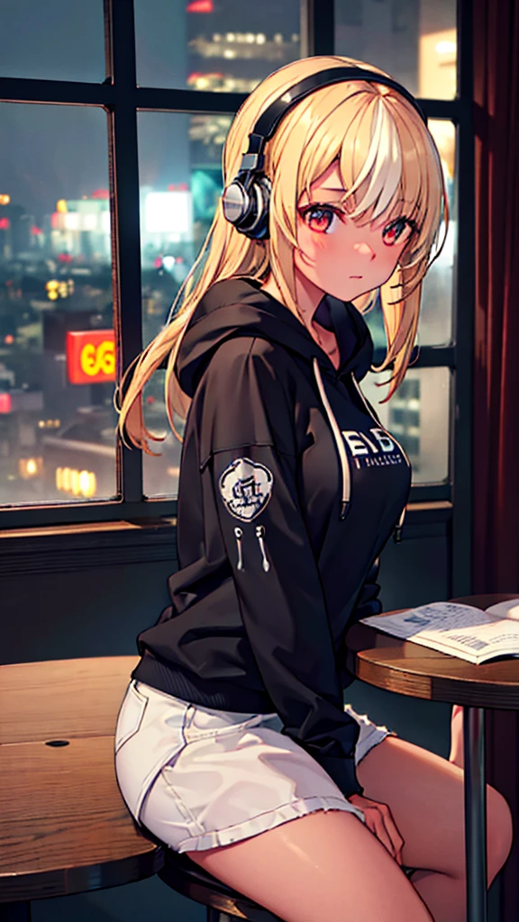 1 girl, night cafe, night cityscape through window, side profile, casual clothes, hoodie, headphones, studying alone, sitting on chair, closed mouth, anatomically correct, (best quality,4k,8k,highres,masterpiece:1.2),ultra-detailed,(realistic,photorealistic,photo-realistic:1.37),HDR,UHD,studio lighting,ultra-fine painting,sharp focus,physically-based rendering,extreme detail description,professional,vivid colors,bokeh,interior table