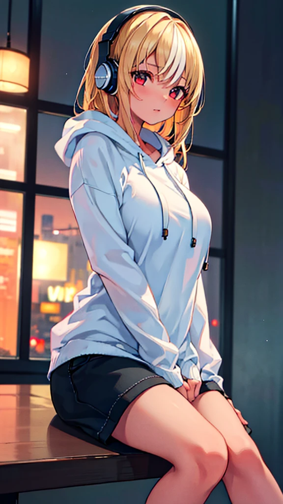 1 girl, night cafe, night cityscape through window, side profile, casual clothes, hoodie, headphones, studying alone, sitting on chair, closed mouth, anatomically correct, (best quality,4k,8k,highres,masterpiece:1.2),ultra-detailed,(realistic,photorealistic,photo-realistic:1.37),HDR,UHD,studio lighting,ultra-fine painting,sharp focus,physically-based rendering,extreme detail description,professional,vivid colors,bokeh,interior table