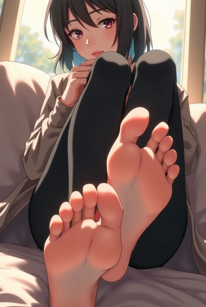 Intricate anime illustration of a woman wearing leggings and a jacket, bare foot, feet focus, foot sole, depth of field, cinematic 