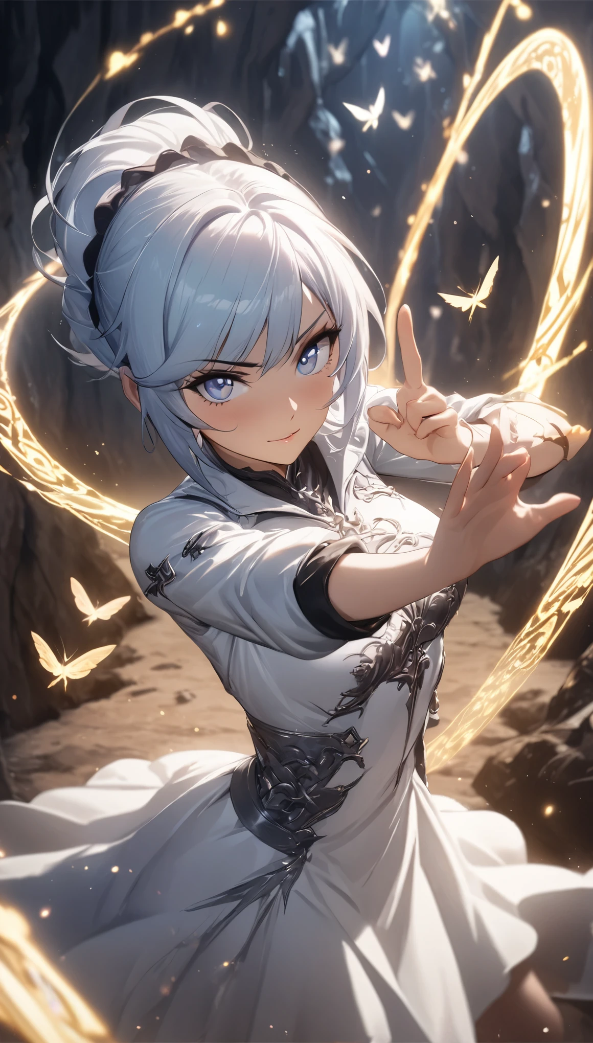 1girl,solo,Weiss Schnee,/(RWBY/),fantasy setting, etherial light,dynamic pose,croped jacket,action pose,full body,magical atmosphere, magical circle around her arm,night time,deph of field,(masterpiece:1.3), (best quality:1.3),looking at viewer,light particles,soft light,light break,dynamic particles,light parade,(absudres:1.1),(SuperQuality:1.0) ~ (SuperQuality:1.2),white dress, cave,nightmare cave,flying moths,crystall light, anatomy corrected, perfect finger gestures, glowing blue eyes, visual detail, high detailed