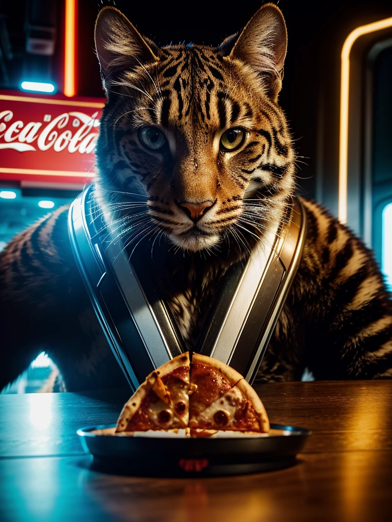 A close-up portrait of a big cat, futuristic sci-fi environment, the cat is eating a pizza and drinking Coca-Cola, cinematic composition, vibrant colors, hyper-detailed, photorealistic, 8k, masterpiece