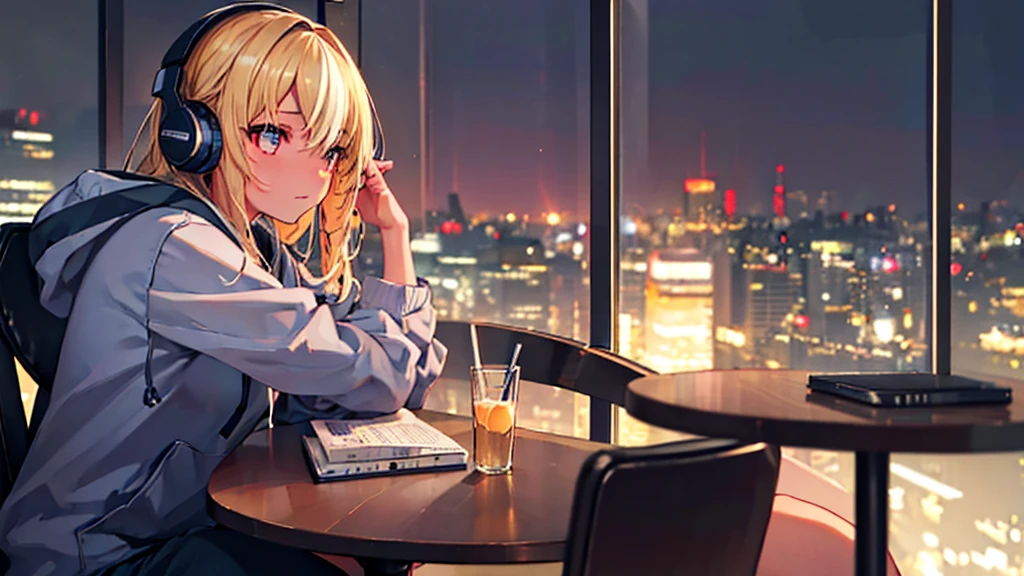 1 girl, night cafe, night cityscape through window, side profile, casual clothes, hoodie, headphones, studying alone, sitting on chair, closed mouth, anatomically correct, (best quality,4k,8k,highres,masterpiece:1.2),ultra-detailed,(realistic,photorealistic,photo-realistic:1.37),HDR,UHD,studio lighting,ultra-fine painting,sharp focus,physically-based rendering,extreme detail description,professional,vivid colors,bokeh,interior table