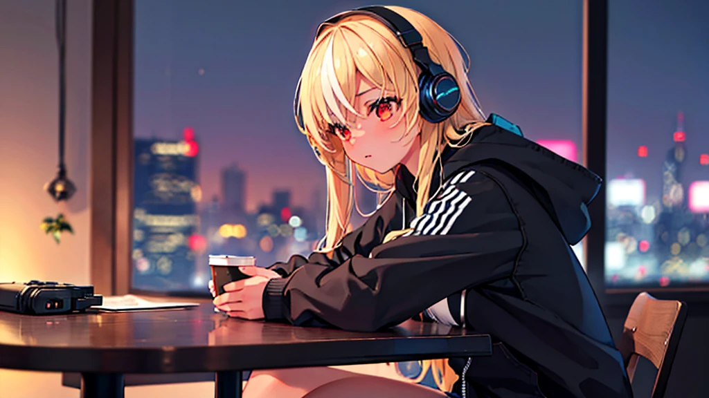 1 girl, night cafe, night cityscape through window, side profile, casual clothes, hoodie, headphones, studying alone, sitting on chair, closed mouth, anatomically correct, (best quality,4k,8k,highres,masterpiece:1.2),ultra-detailed,(realistic,photorealistic,photo-realistic:1.37),HDR,UHD,studio lighting,ultra-fine painting,sharp focus,physically-based rendering,extreme detail description,professional,vivid colors,bokeh,interior table