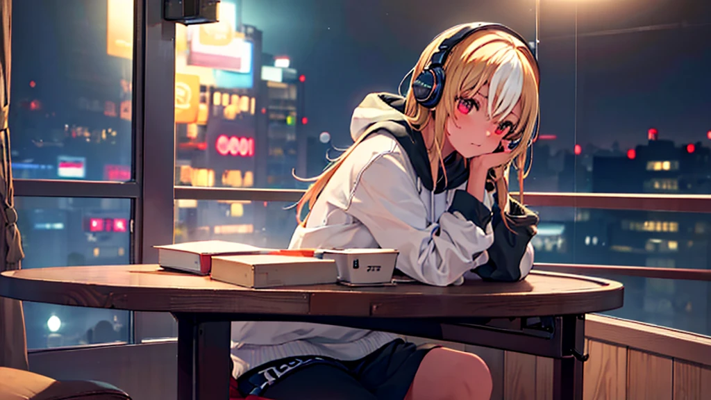 1 girl, night cafe, night cityscape through window, side profile, casual clothes, hoodie, headphones, studying alone, sitting on chair, closed mouth, anatomically correct, (best quality,4k,8k,highres,masterpiece:1.2),ultra-detailed,(realistic,photorealistic,photo-realistic:1.37),HDR,UHD,studio lighting,ultra-fine painting,sharp focus,physically-based rendering,extreme detail description,professional,vivid colors,bokeh,interior table