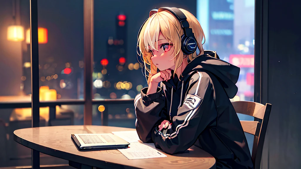 1 girl, night cafe, night cityscape through window, side profile, casual clothes, hoodie, headphones, studying alone, sitting on chair, closed mouth, anatomically correct, (best quality,4k,8k,highres,masterpiece:1.2),ultra-detailed,(realistic,photorealistic,photo-realistic:1.37),HDR,UHD,studio lighting,ultra-fine painting,sharp focus,physically-based rendering,extreme detail description,professional,vivid colors,bokeh,interior table