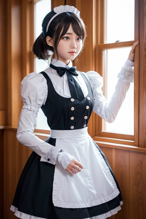One Girl, apron, Black dress, blush, Braiding, dress, Eyebrows visible through hair, Frills, gloves, Hair between the eyes, jewelry, Juliet Sleeve, Long sleeve, Maid, Maid apron, maid's headdress, Puffy sleeves, short hair, Sitting, White apron, window, Huge 、Nogizaka Idol、Korean Idol、Burning idol pose、actress、Age 25、expensive、Cafe、restaurant, Official Art,Highly detailed CG Unity 8K wallpaper, (masterpiece:1.0),(highest quality:1.0), photo shoot, 8K, Browsing Caution, High resolution, Kodak Portrait 400, Film Grain, Lens flare brilliance,Show Viewer