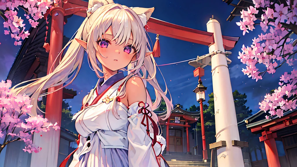 (best quality:1.4), highres, masterpiece, 1 girl, lavender hair, purple eyes, (Kemomimi), medium bust, bare slender thighs, hair accessories, (red|white Japanese shrine maiden outfit), detached sleeves, lantern, shrine, extremely detailed face