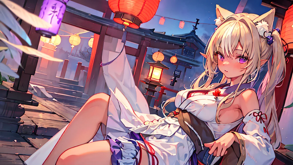 (best quality:1.4), highres, masterpiece, 1 girl, lavender hair, purple eyes, (Kemomimi), medium bust, bare slender thighs, hair accessories, (red|white Japanese shrine maiden outfit), detached sleeves, lantern, shrine, extremely detailed face