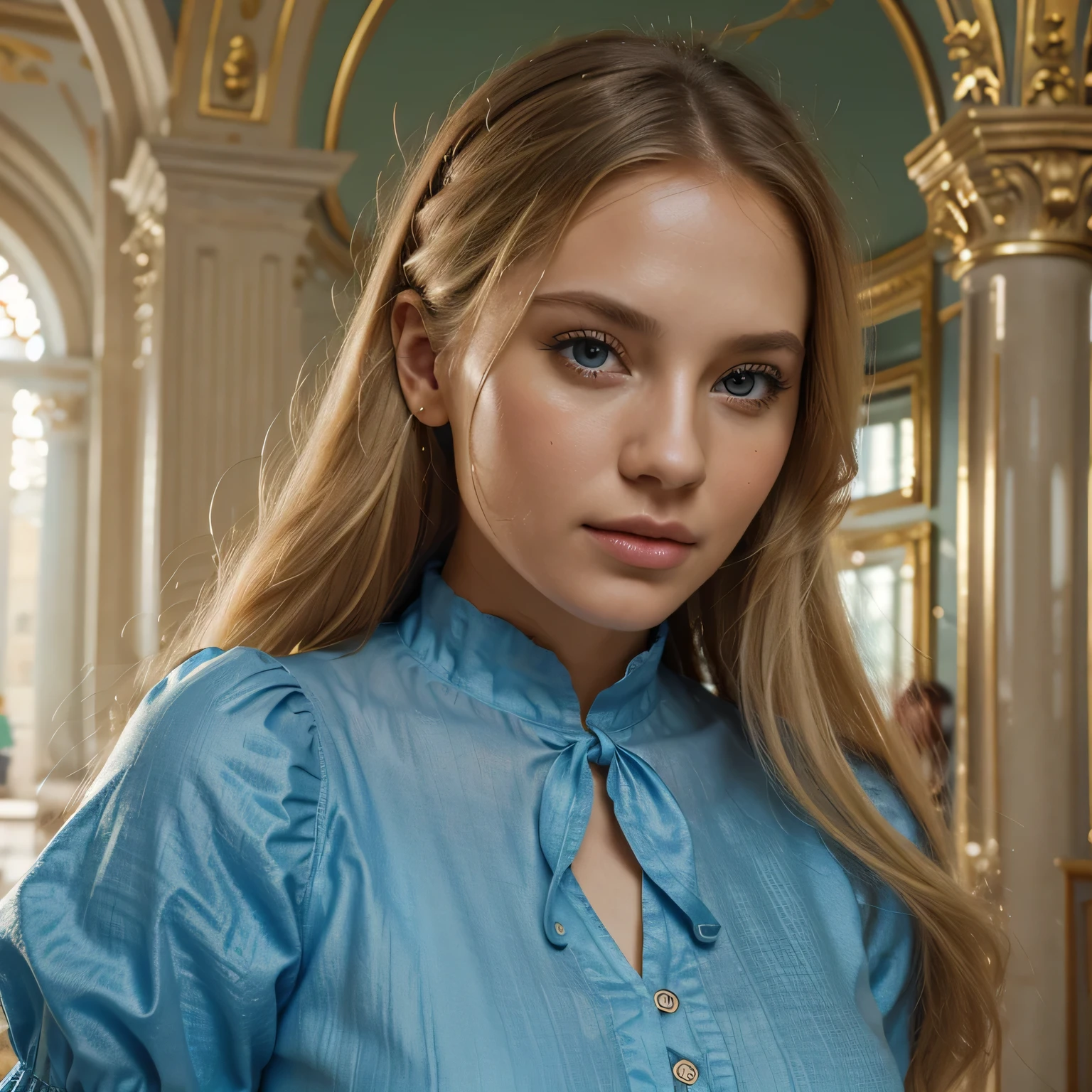 a professional photograph of beautiful (M36D0n:1.1) woman,as the US President,wearing a (dark suit with light blue blouse:1.2),standing in front of the Resolution Desk in the Oval Office in the White House,arms crossed with serious expression,perfect wavy hair,heirloom jewelry,lipstick,makeup and eyeshadow,(upper body),professional photoshoot,sharp focus,detailed eyes,(highly detailed),(HDR),(8k wallpaper),colorful,vivid color,intricately detailed,high contrast,highres,absurdres,hyper realistic,8K UHD DSLR,Fujifilm XT3,taken with (Canon EOS 1Ds camera),extremely intricate,dramatic,(looking at viewer),4k textures,elegant,(cinematic look),hyperdetailed,PA7_Portrait-MS,<lora:M36D0n_04A-000002:1.0>,