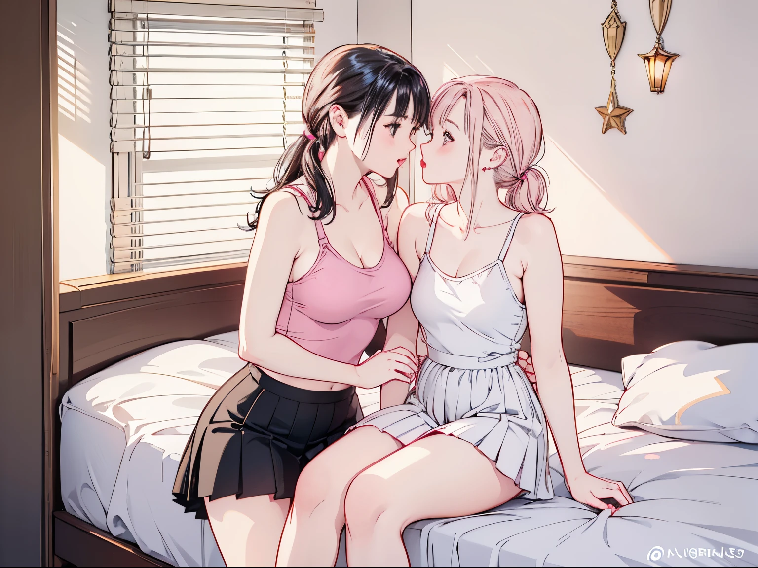 masterpiece, highest quality ,, 2 girls, lily, (kiss:1.8), (フレンチ・kiss), blushする, close your eyes, (tongue), (saliva), (groping), put your hand on your chest, tongue吸い, female doctor and nurse, white clothes, pantyhose, disheveled clothes, sheer panties, A blouse that sticks to your body with sweat, thin underwear, sexy lingerie, Panties that are about to be taken off,small breasts, ecstasy, messy hair,  wet feet, wet clothes，slender body，in the bedroom，blush，Crotch fingers，high school girl ，16 years old、brown hair ponytail, barefoot，I can see your underwear，Crotch fingers，small breasts，small ass，beautiful profile，distinct limbs，distinct nose bridge，anatomically correct limbs，フレンチ・kiss，Foliage plant，lie in bed，disheveled sheets，put in，Don&#39;don&#39;t put your feet up