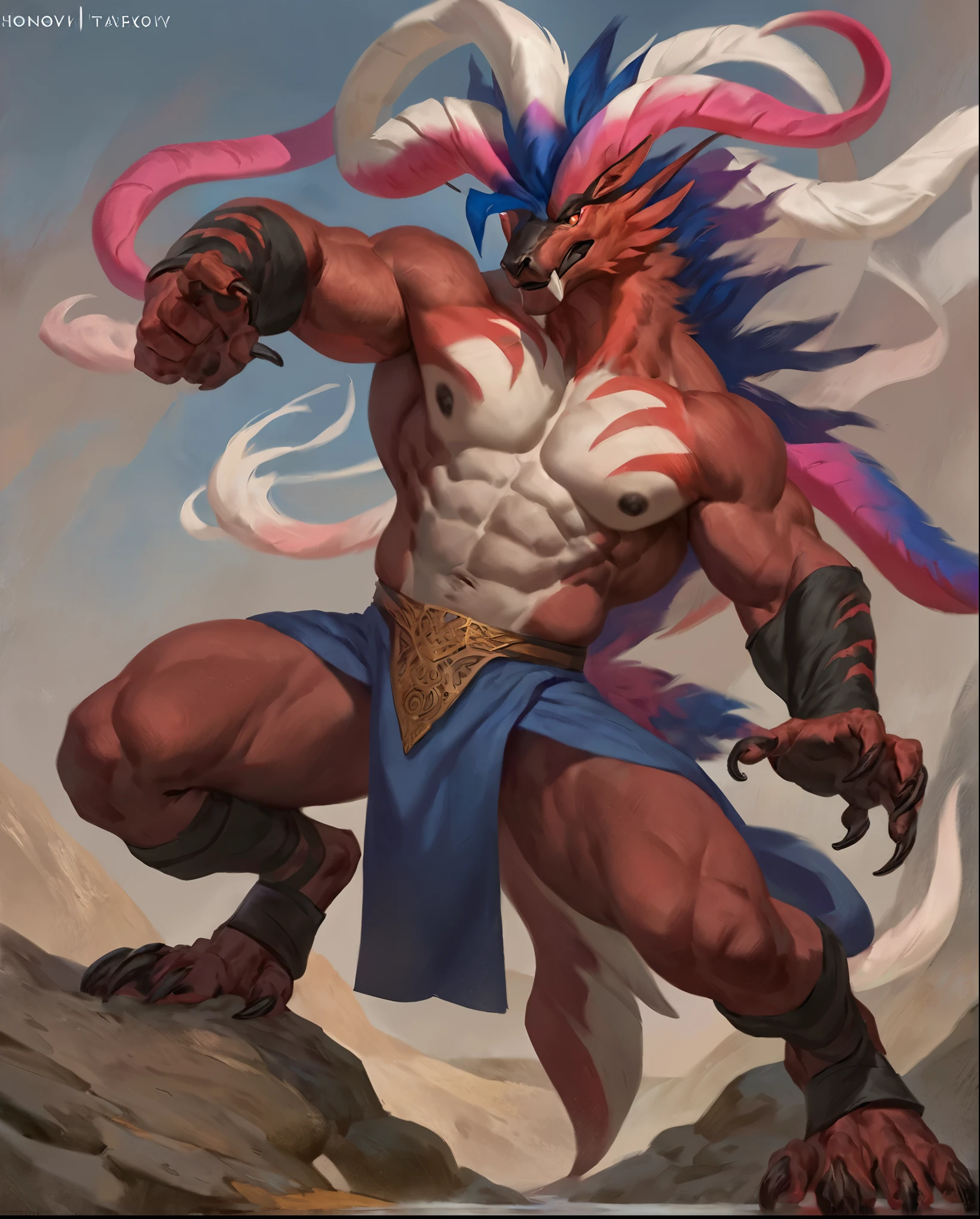 solo, anthro, furry, furry male, behemoth, ((fluffy fur, fluffy, furry body)), ((black fur, behemoth print)), (red skin, red chest, red arms, red legs), black hair, snout, huge pectorals, big muscles, yellow eyes, behemoth tail, detailed teeth, detailed face , flame mohawk, spike ponytail, detailed fluffy fur, detailed face, happy trail, hoodie, big hood, mono-colored body, (glowing horns, transparent horns see-through horns, crystal horns, orange horns) detailed eyes, hair highlights, detailed fangs, loose robes, metal shoulderpad, armor, gold shackles on wrist, full body, fantasy castle grounds, (by null-ghost, by raccoon21, masterpiece, high quality, hi-res,8k), standing,close-view portrait, looking at viewer, outdoor, menacing expression, steam, smirk, dynamic pose, broken chains, detailed hands,