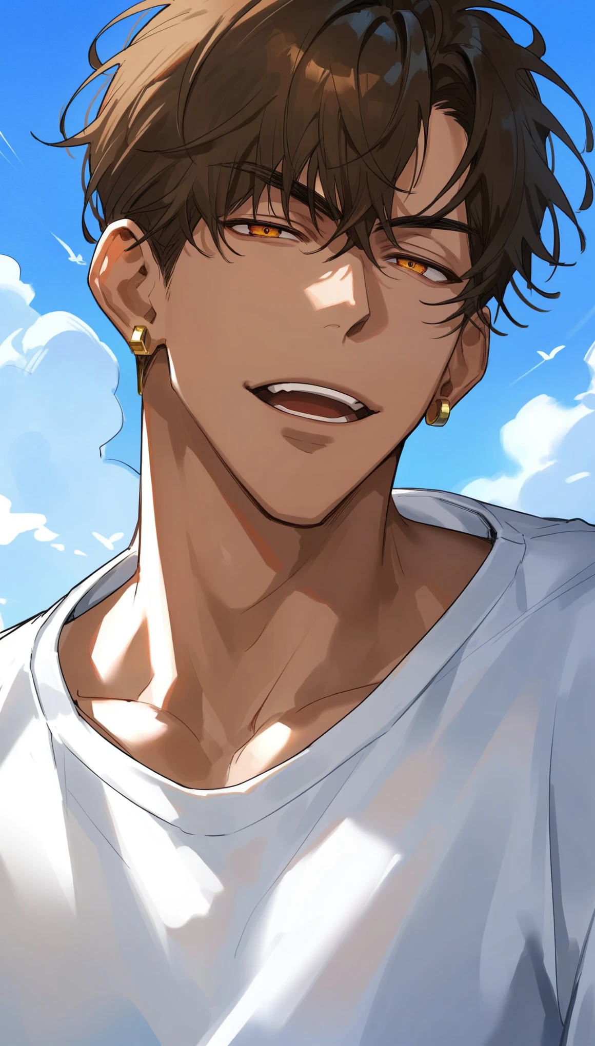 muksal,1boy,amber eyes,brown hair,earring,open mouth,expressive eyes,smirk,looking at viewer,blue sky, dark skin,solo,white shirt, loose white shirt,bangs,handsome, score_9,score_8_up,score_7_up,source_anime,