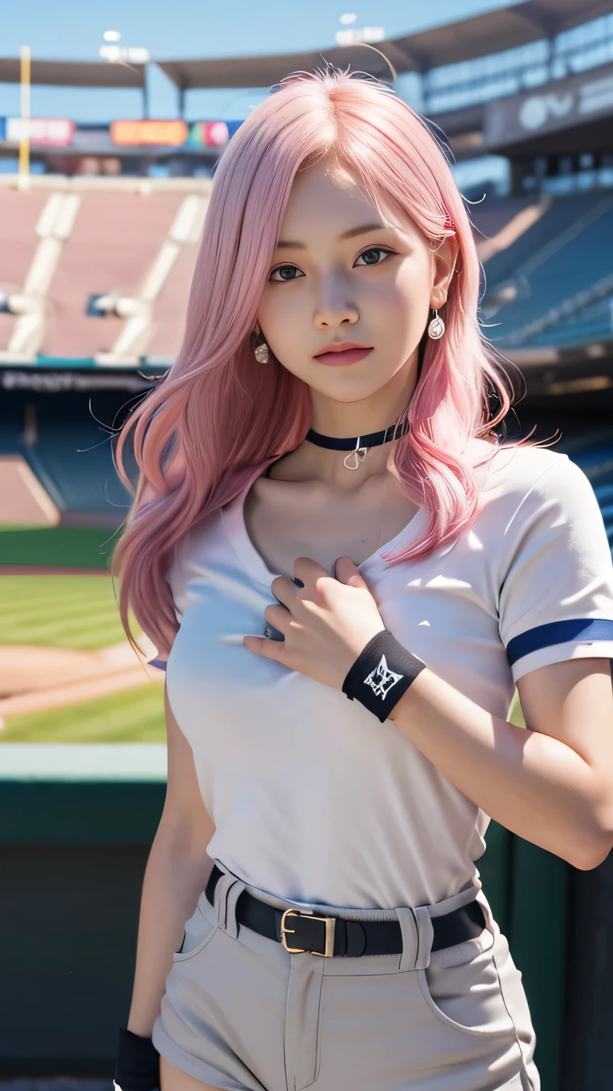 (8K, top-quality, masterpiece:1.2), (reallistic, Photorealsitic:1.37), Super Detail, One girl,), (Highly detailed), (beautifully detailed eyes), (of the highest quality), (super detailed ), (masterpiece), (Detailed face),20yr old, ,1 girl, ((pink hair,long hair)), medium breasts, clothed, Perfect Lighting, BREAK, (glossy baseball uniform:1.5), royal blue, red stripes, (short sleeve top:1.2), V-neck, white trim, (baseball gloves:1.1), choker, diamond stud earrings, (satiny fabric:1.2), linen, (high waist shorts:1.1), red sports socks, baseball spikes, BRAKE, (bust up photo:1.2), long pink hair, wavy, (voluminous hair:1.1), cute expression, slightly open mouth, tilted head, (sexy:1.2), face turned slightly, chest touching pose, hands on chest, one leg forward, (baseball stadium lights:1.1), brown and green background, spotlight effect, (shadowy:1.1), BRAKE




