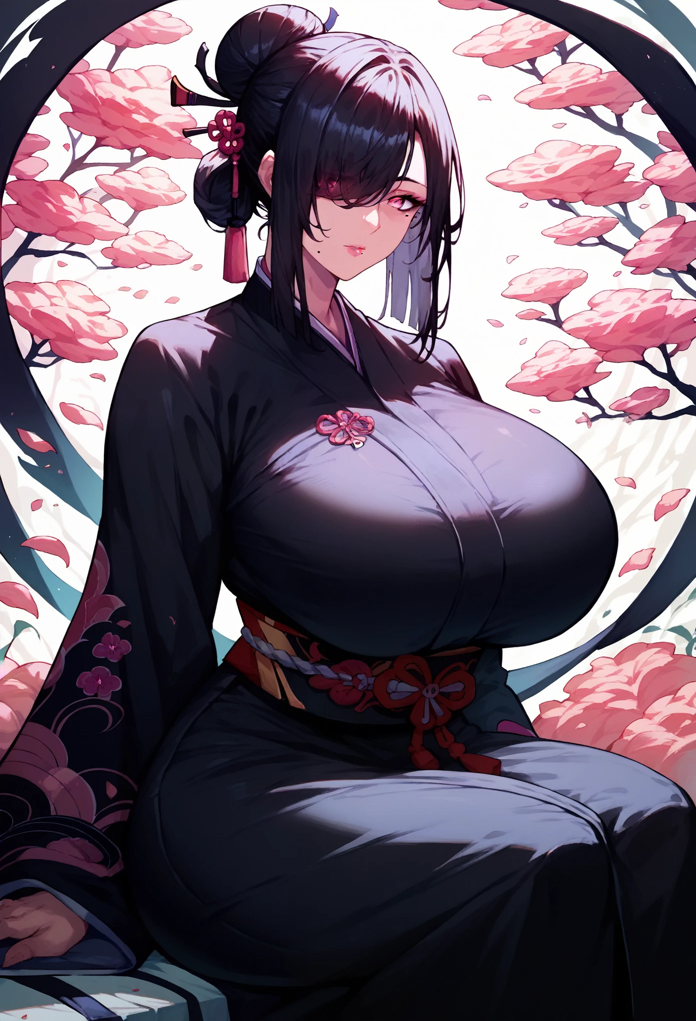 Dragon, sitting, mixed_artwork style, (detailed eyes), (Mature woman), beautiful woman, huge breasts, black long hair, large bangs, bangs over eye, hair bun, (black martial clothes, black), pink eyes, lovely face, mole under eye, huge body