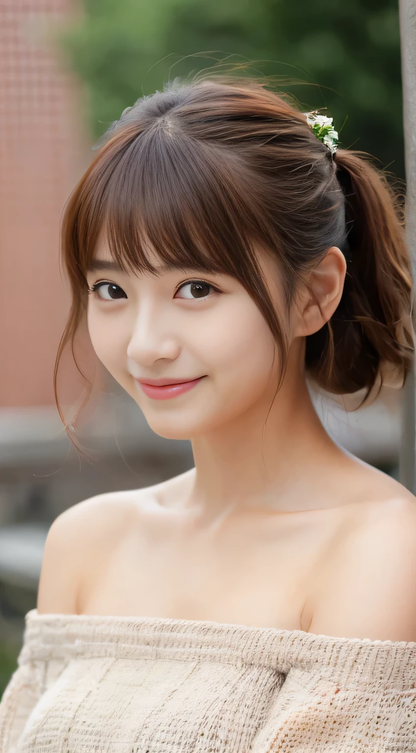 masterpiece,best quality,(Japanese girl),((Beautiful girl)),cleavage,(off shoulder:1.2),(perfect body beauty:1.2),(shy smile)