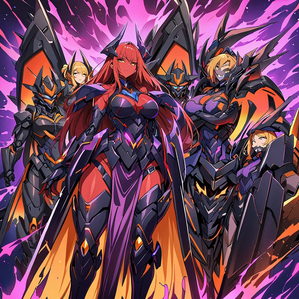 Anime, high detailed, multiple womans, mature womans, dark Ebony mecha armor, large mechanical wings, evil grin, large clawed Gauntlet, red skin, curvy body, long mechanical tail,black sclera、Colored sclera、crimson Colored skin、Yellow Eyes, elongated pupils,  Mature Woman、Black-purple aura、womans surrounding