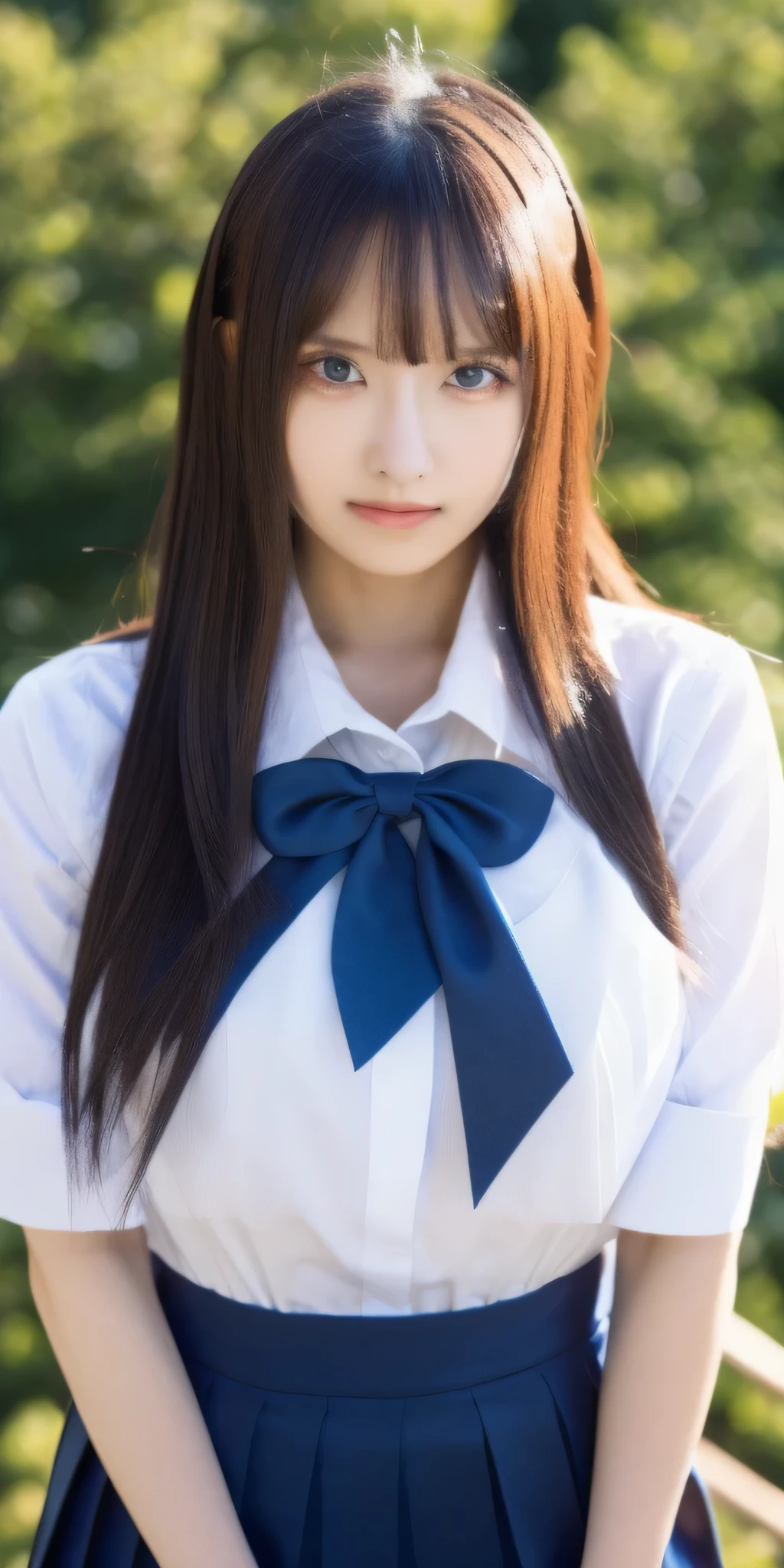 Above Orihime, Huge_chest, standing, Alone, School_Uniform_white_shirt_red_Bowtie_gray_mini skirt, masterpiece, Best Quality, Detailed face, Detailed eyes, High resolution,