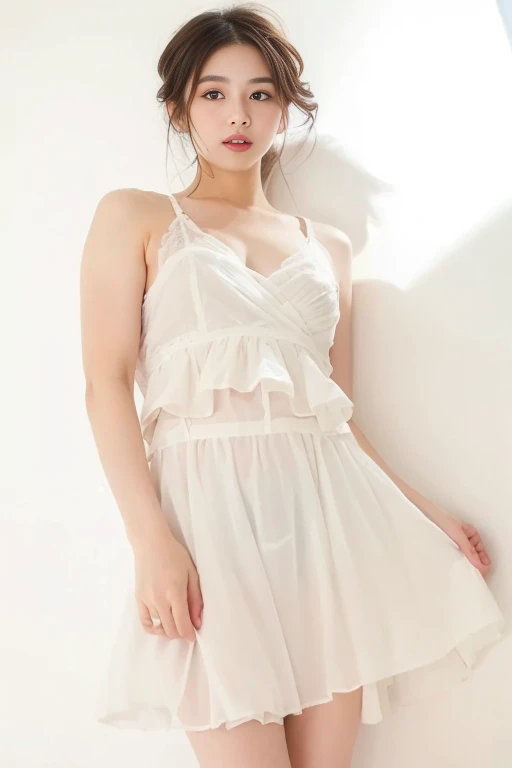 8k,Realistic, High resolution, Masterpiece, Pettipants、slip、petticoat、bedroom、wonderful,Soft and warm color palette, Delicate brushwork, The correct use of light and shadow, Wide Shot,High Contrast,Color contrast,Masseter muscle area:1.3