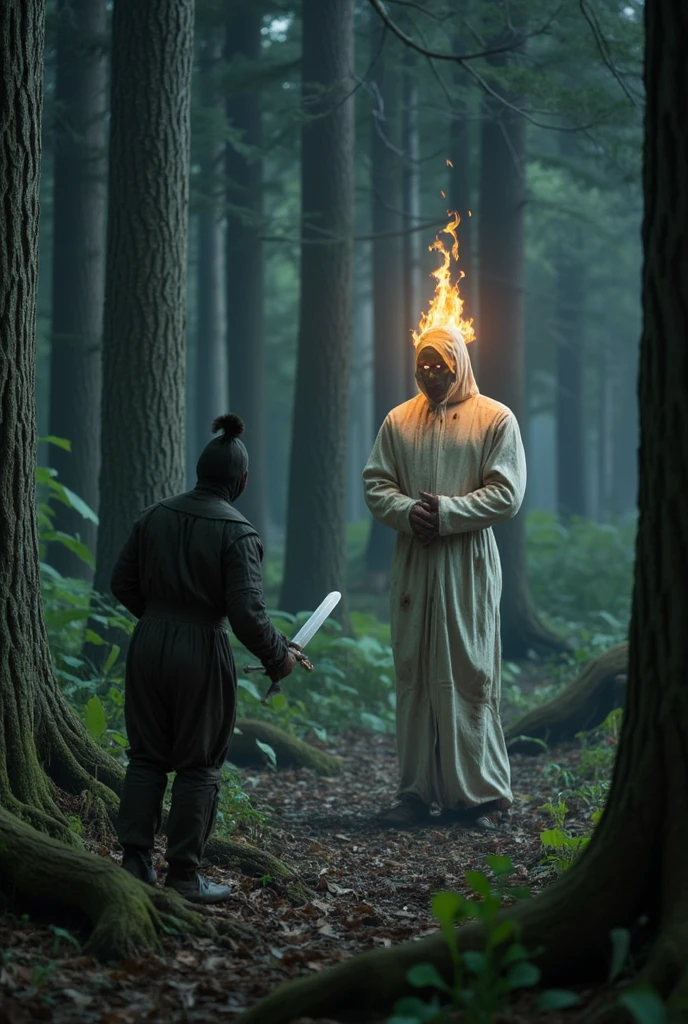 battle, A dimly lit, eerie forest serves as the backdrop for an intense showdown between a heroic warrior and a terrifying Pocong. The warrior, dressed in worn armor, stands defiantly with sword drawn, as the ghostly Pocong looms closer, its ethereal flames illuminating the dark surroundings. The air is thick with tension, and the forest floor crackles with dry leaves as the two enemies face off in a final, desperate battle.